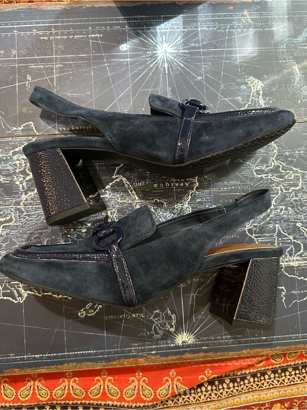 Donald Pliner Suede Slingback Bit Loafer Heels Navy Blue Size 8